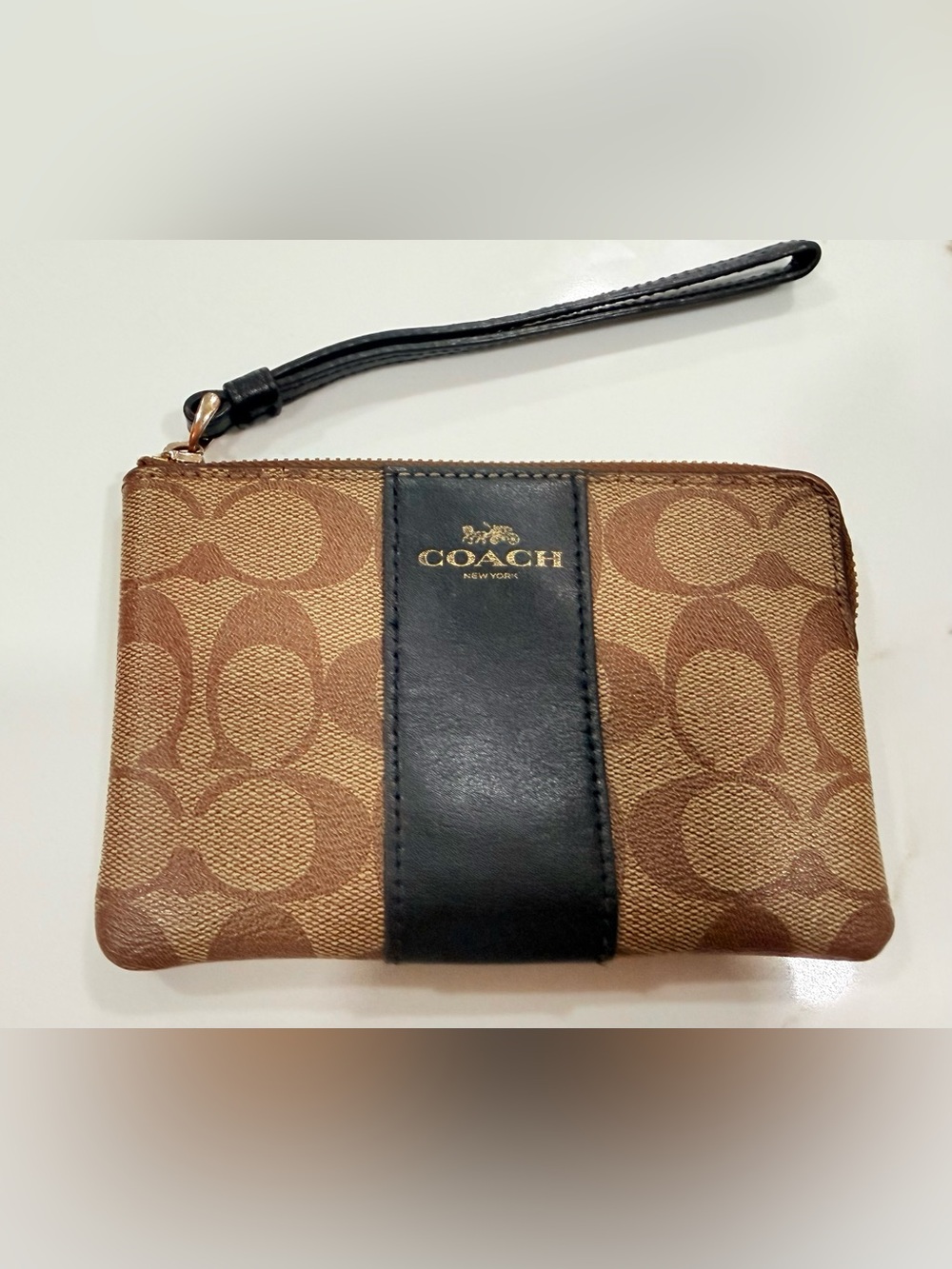 Coach Corner Zip Wristlet Signature Canvas Brown Black